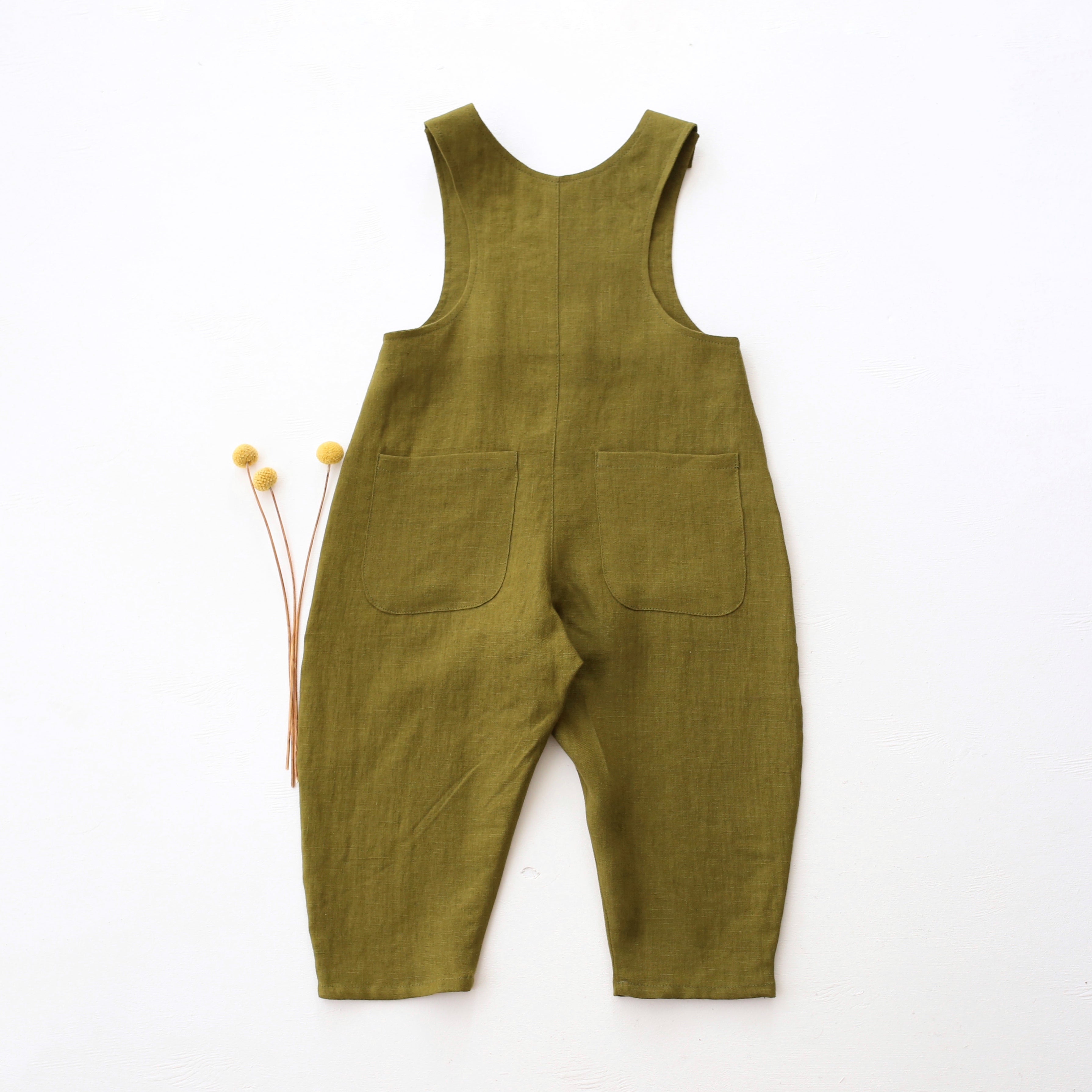 Pine Linen Front Pockets Overalls with "Mouse & Fox" Embroidery