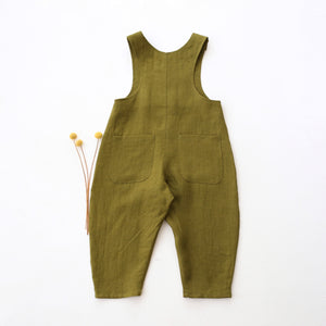 Pine Linen Front Pockets Overalls with "Mouse & Fox" Embroidery