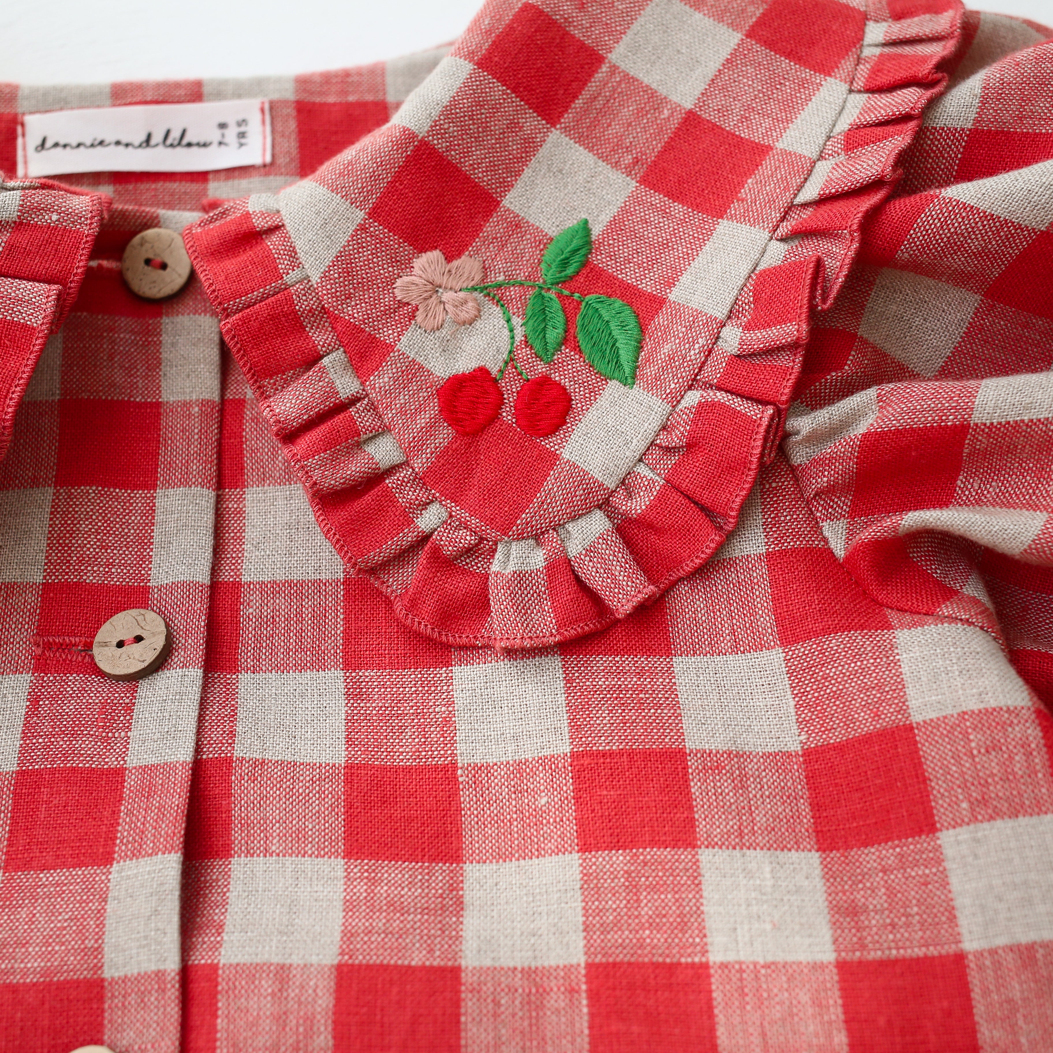 Cherry Check Linen Short Sleeve Frilled Collar Dress with “Cherry” Embroidery