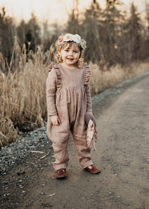 Latte Linen Long Sleeve Ruffle Romper