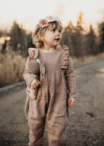 Latte Linen Long Sleeve Ruffle Romper