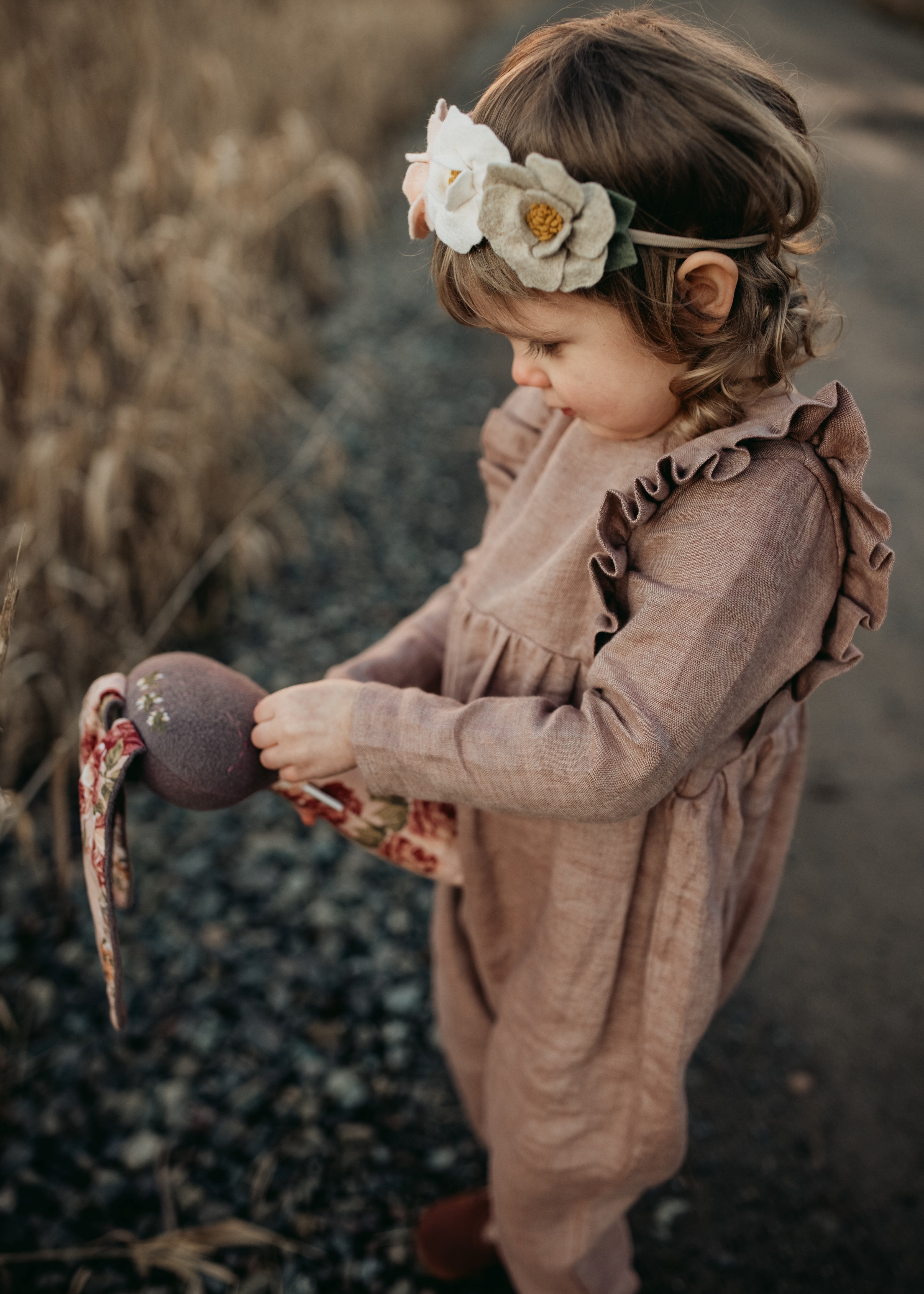 Latte Linen Long Sleeve Ruffle Romper