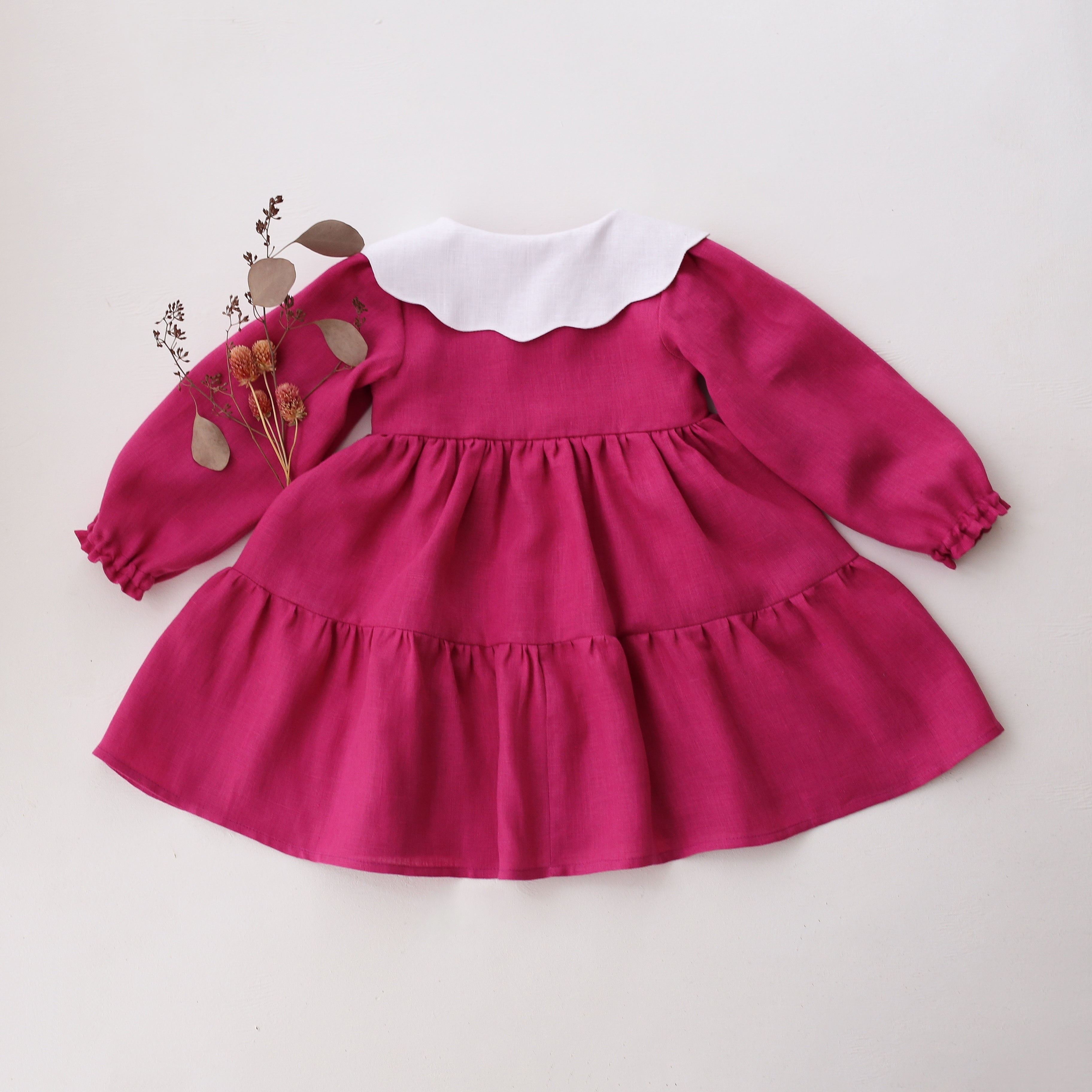 Raspberry Linen Long Sleeve Tiered Dress with Petal Collar in White Linen with "Mini Flowers" Embroidery