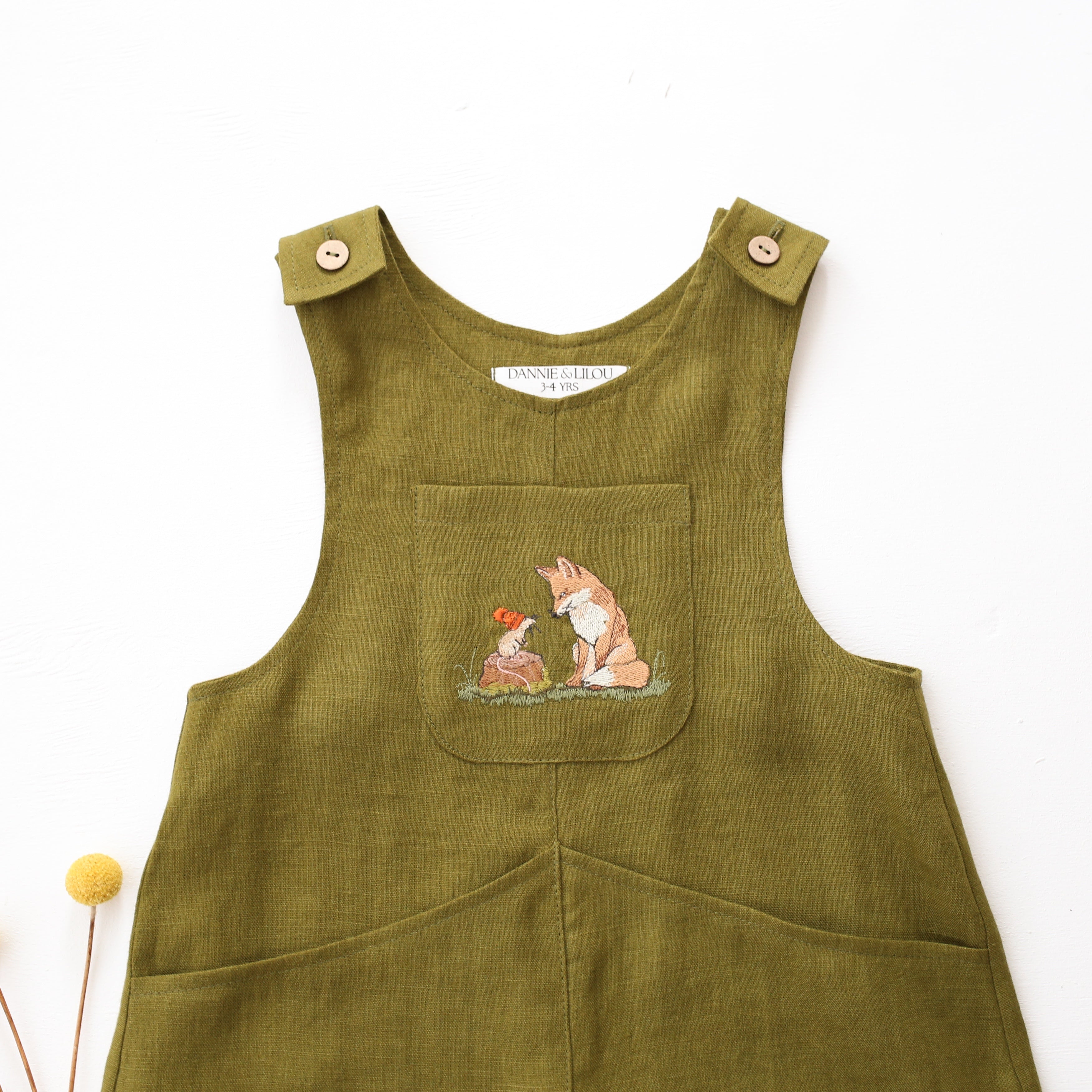 Pine Linen Front Pockets Overalls with "Mouse & Fox" Embroidery