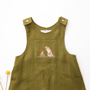 Pine Linen Front Pockets Overalls with "Mouse & Fox" Embroidery