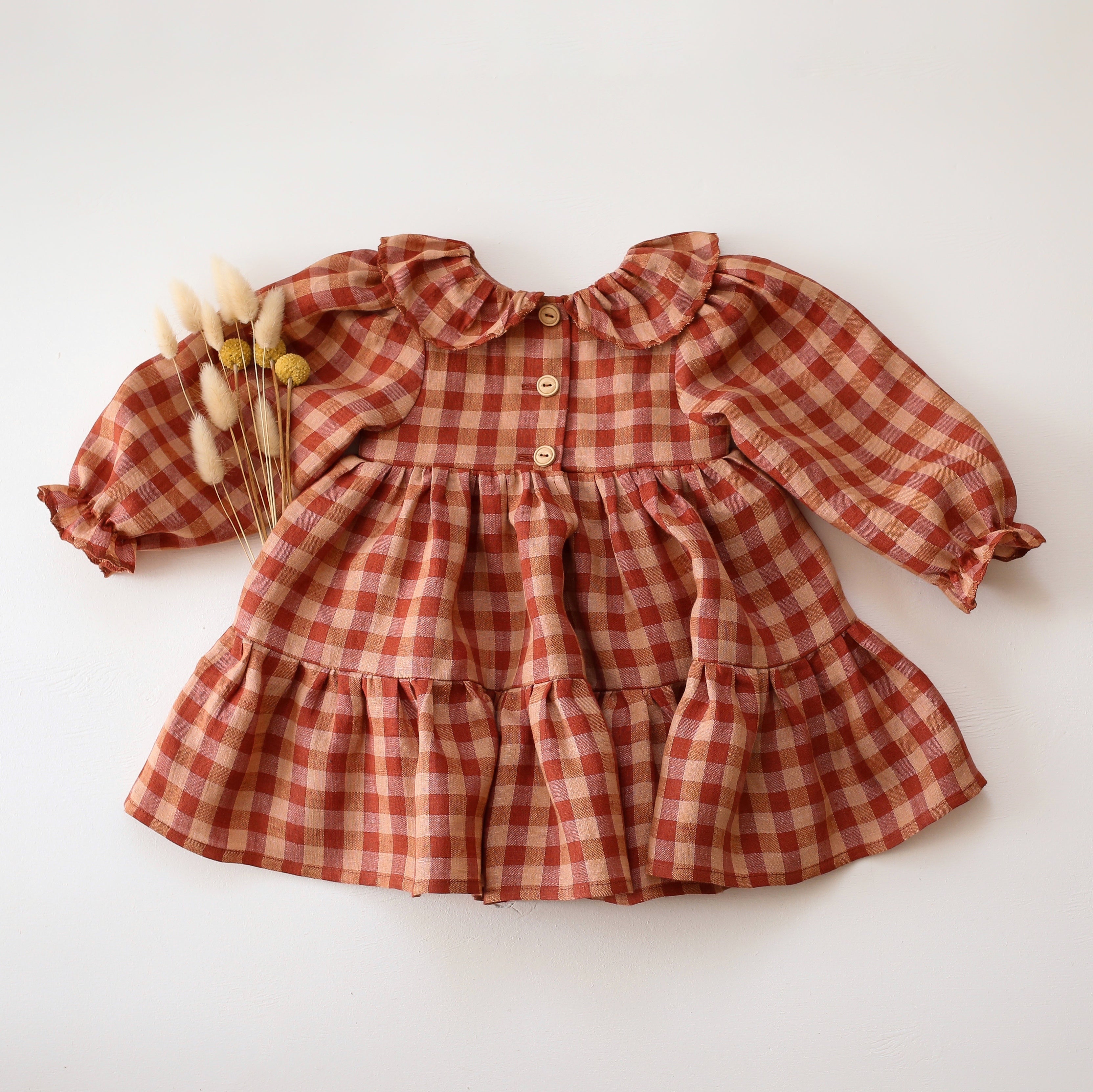 Butternut Check Linen Long Sleeve Peter Pan Collar Tiered Dress with "Autumn Bouquet" Embroidery