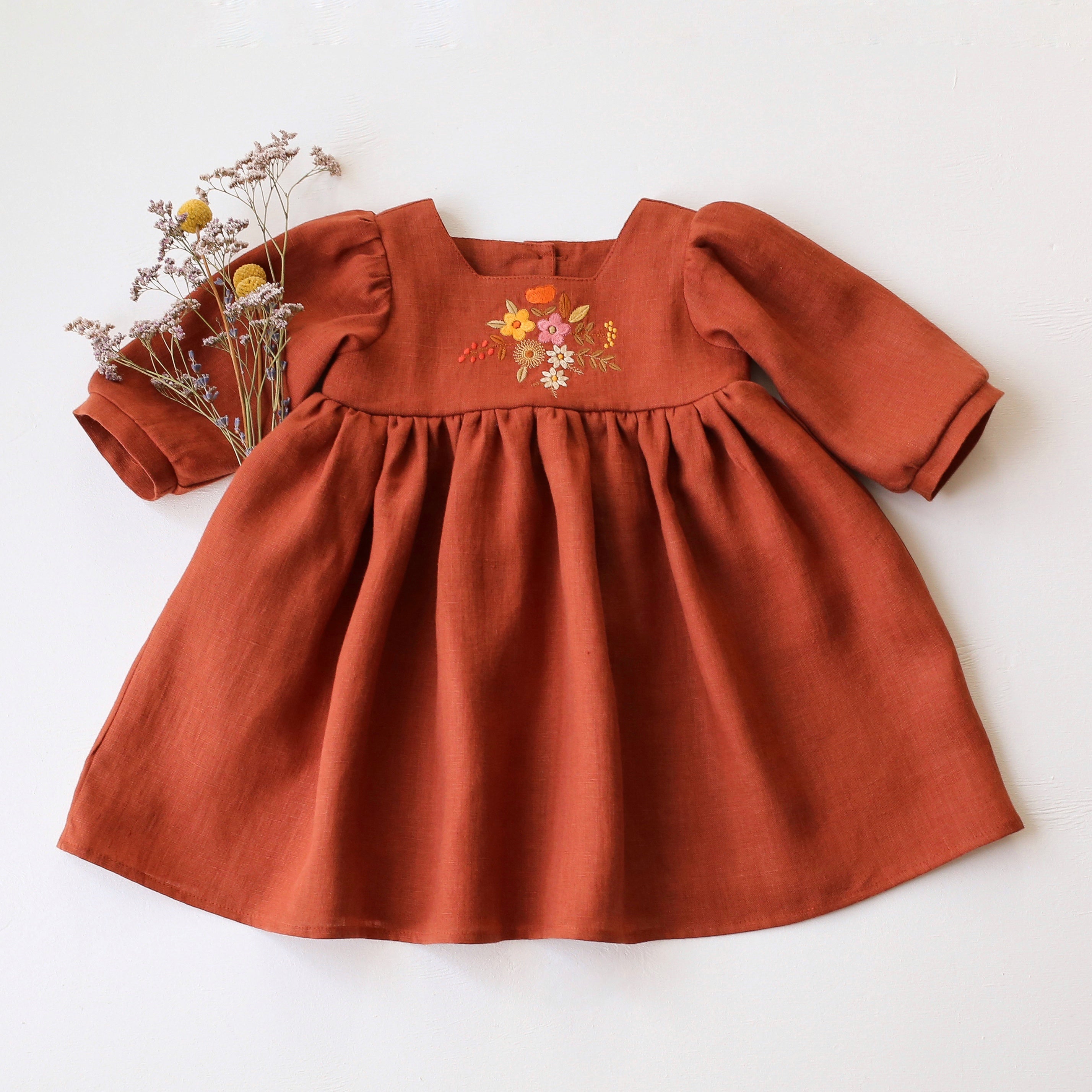 Rust Linen 3/4 Length Sleeve Square Neckline Dress with "Autumn Flowers" Embroidery