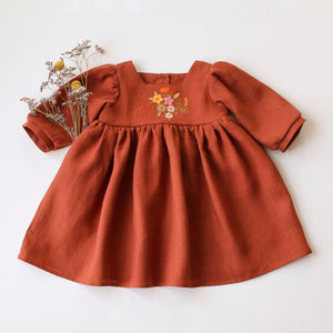 Rust Linen 3/4 Length Sleeve Square Neckline Dress with "Autumn Flowers" Embroidery