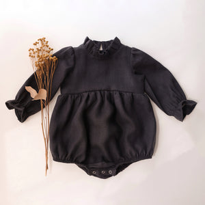 Black Linen Long Sleeve Frills Bubble Playsuit