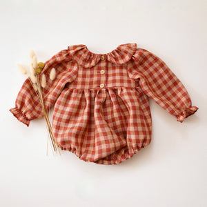 Butternut Check Linen Long Sleeve Peter Pan Collar Bubble Playsuit with “Autumn Bouquet” Embroidery