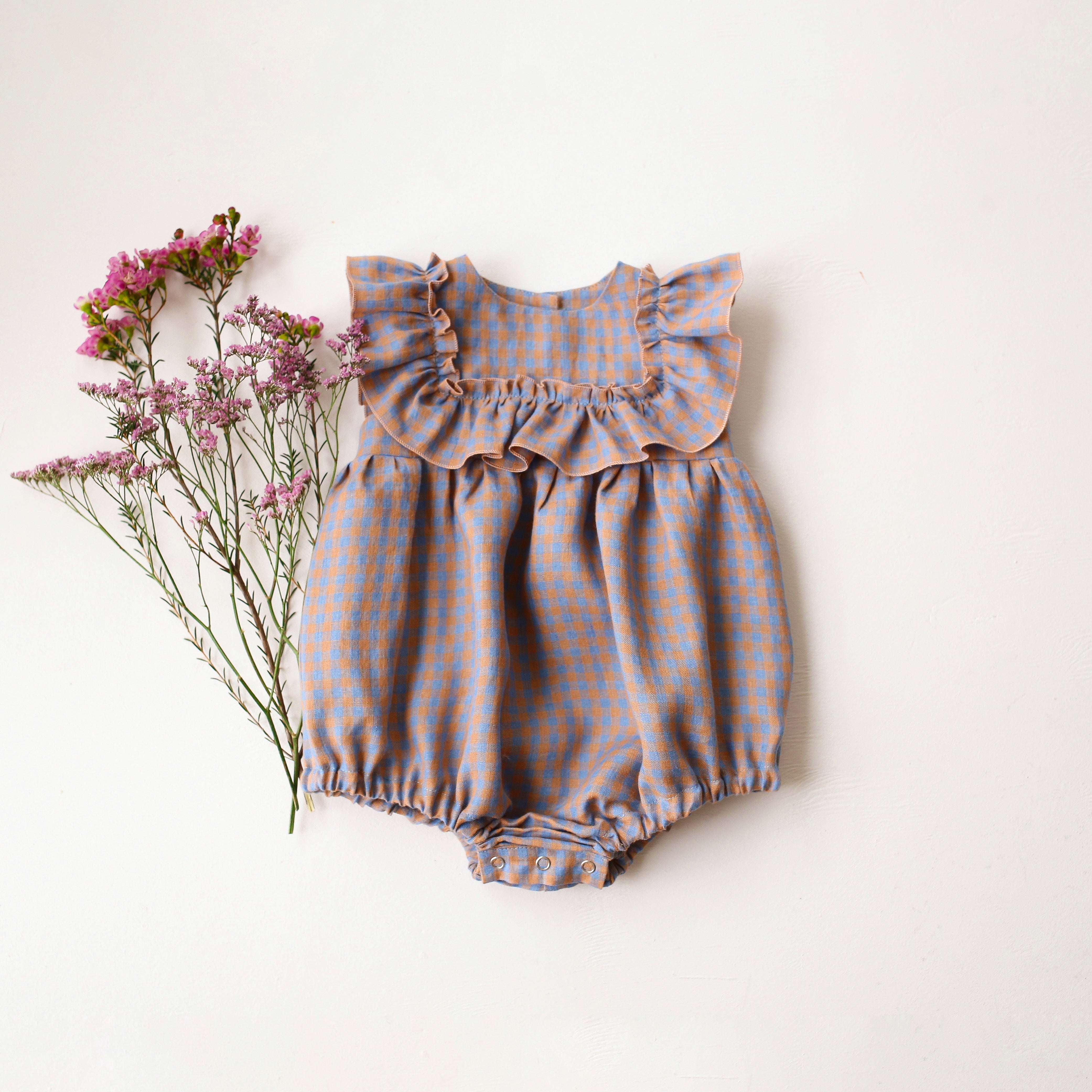 Blue & Peach Gingham Linen Wide Bodice Ruffle Bubble Playsuit