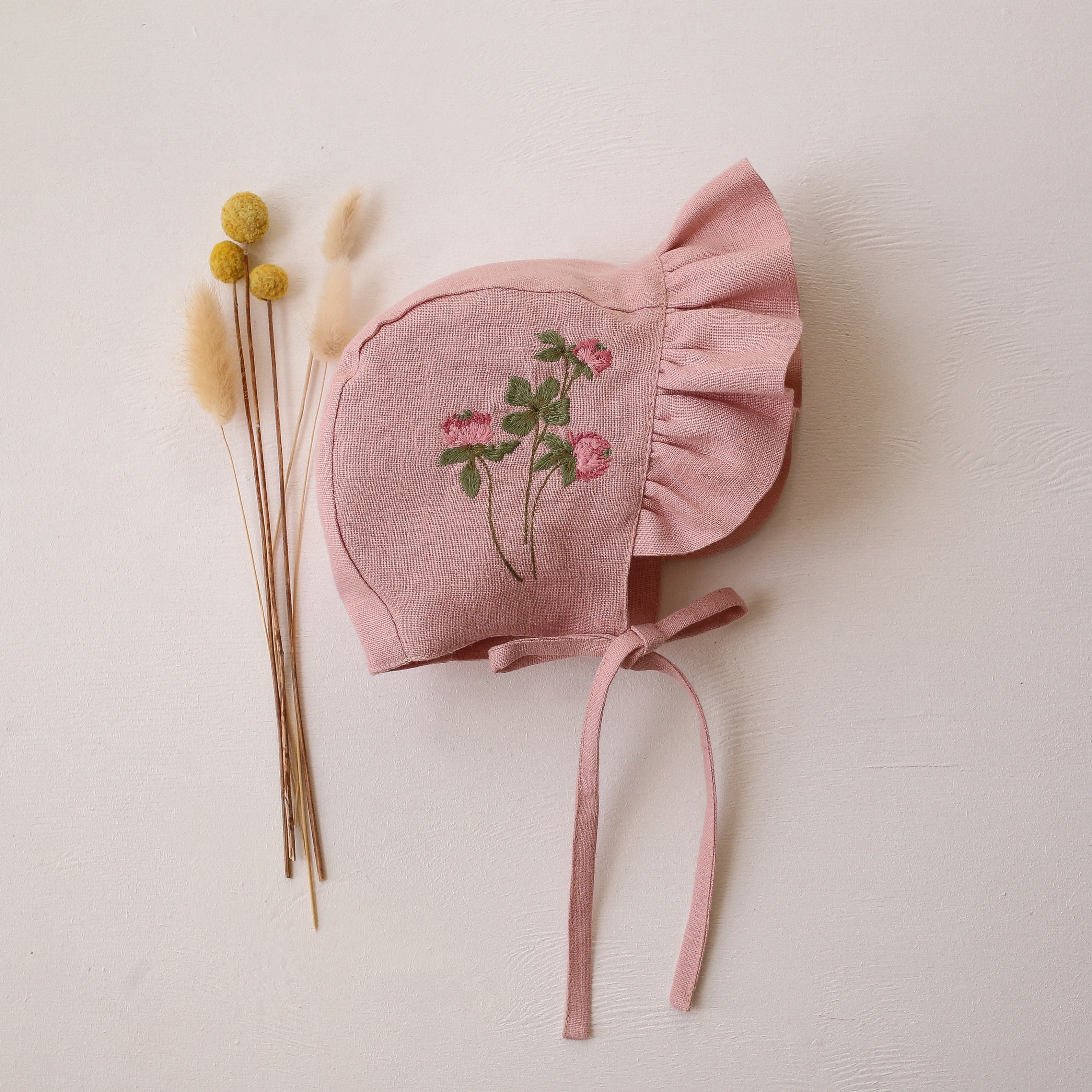 Powder Linen Ruffle Brimmed Bonnet with “Clover Flower” Embroidery