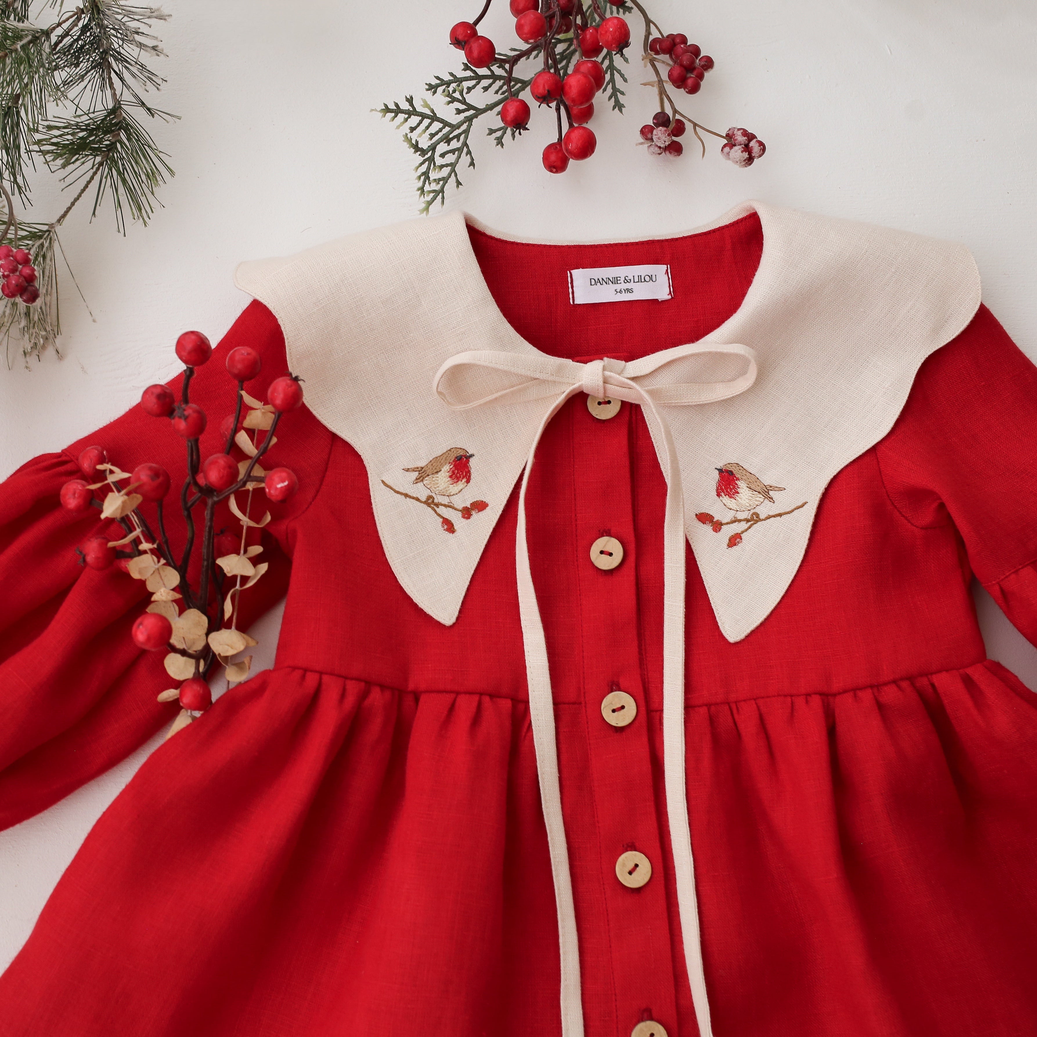 Scarlet Red Linen Lantern Sleeve Tiered Dress with Scalloped Collar in Ivory Linen with "Christmas Robin" Embroidery