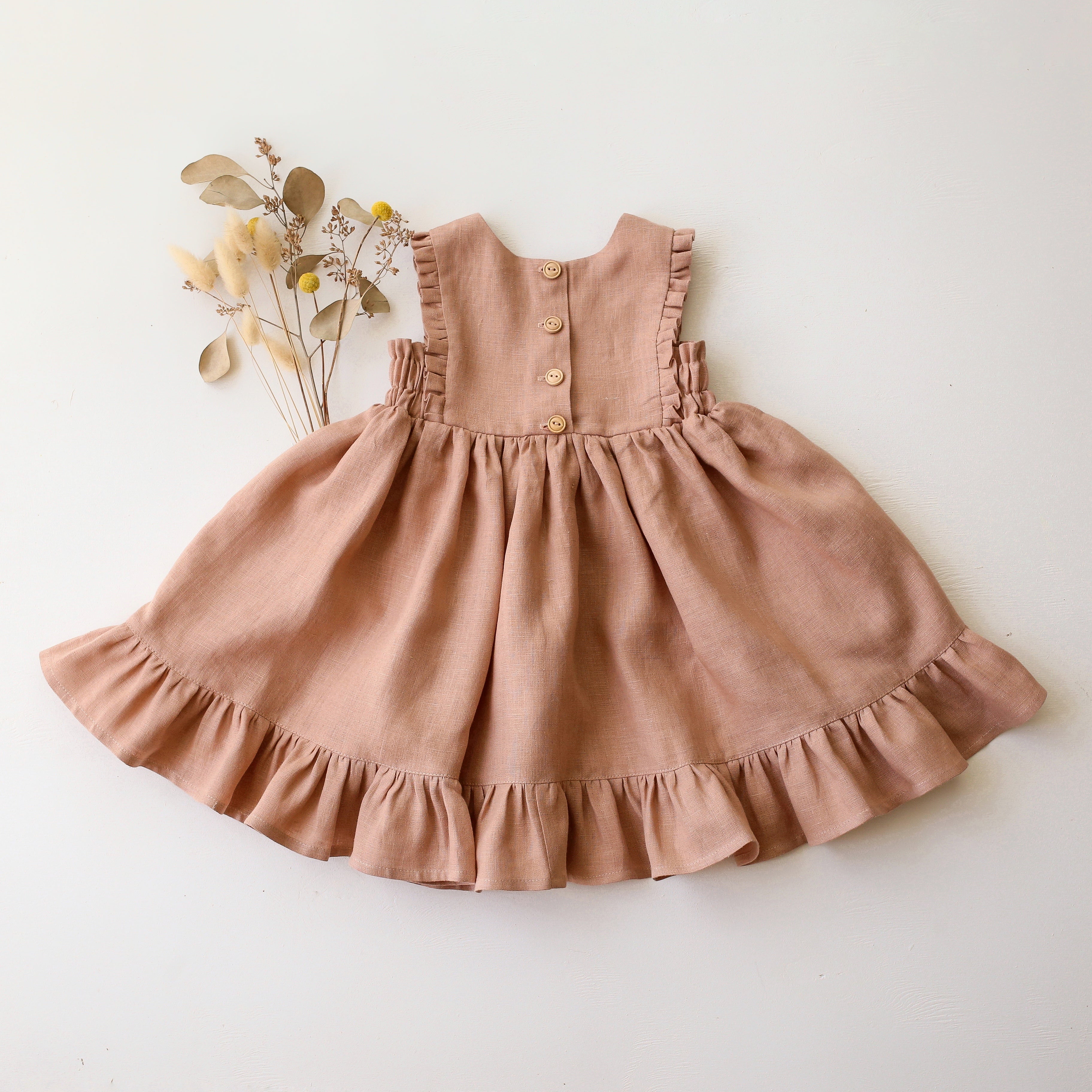 Clay Linen Dress with Ruffled Hem with "Meadow Flowers with Bee" Embroidery