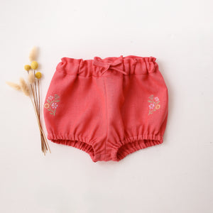 Coral Linen Bubble Shorts with "Petals Harmony" Embroidery