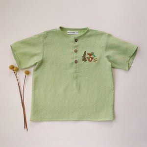 Spring Green Linen Short Sleeve Buttoned Top with “Snail on Mushrooms” Embroidery