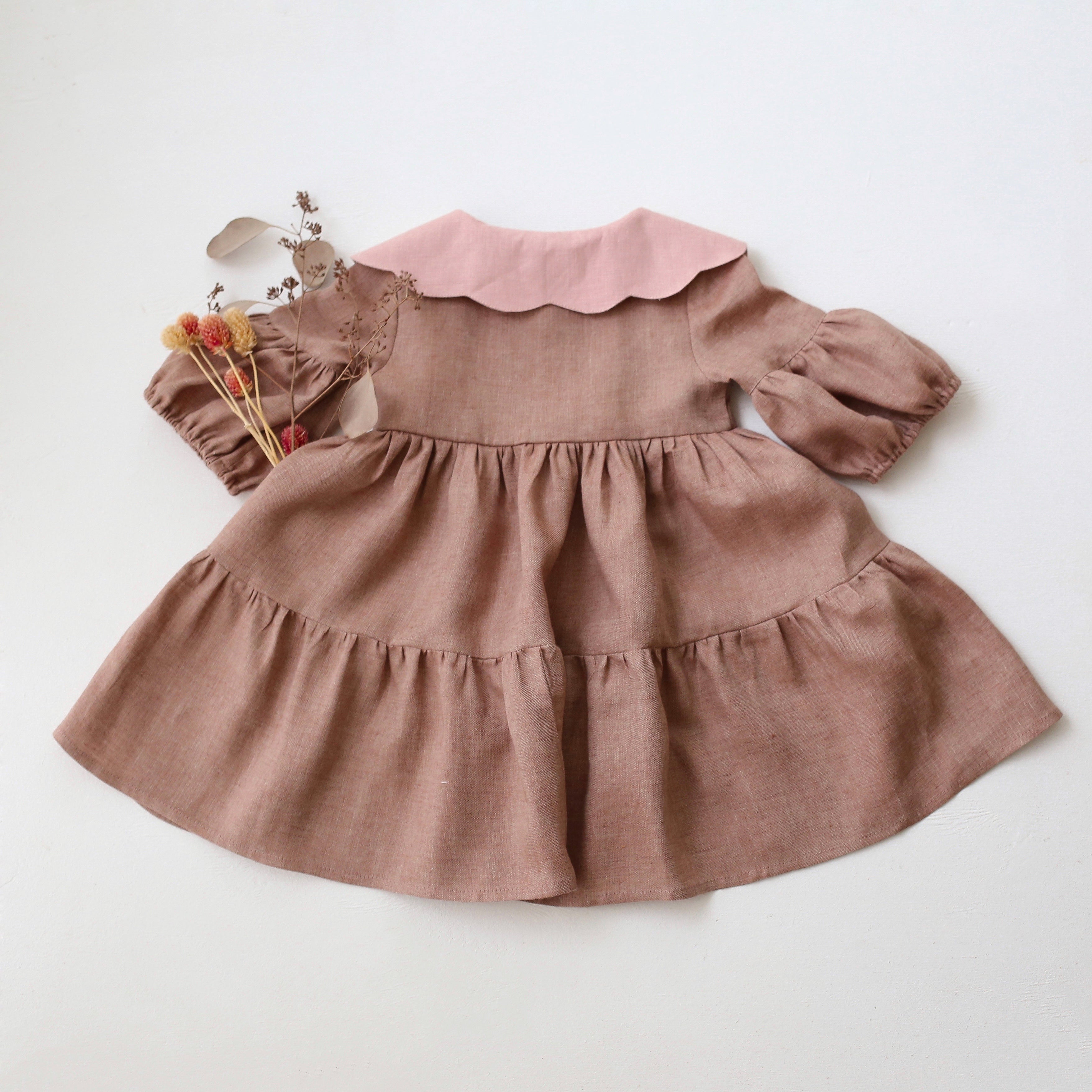 Rose Smoke Linen Lantern Sleeve Tiered Dress with Scalloped Collar in Powder Linen