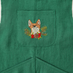 Emerald Green Linen Oversized Look Overalls with "Christmas Fox" Embroidery