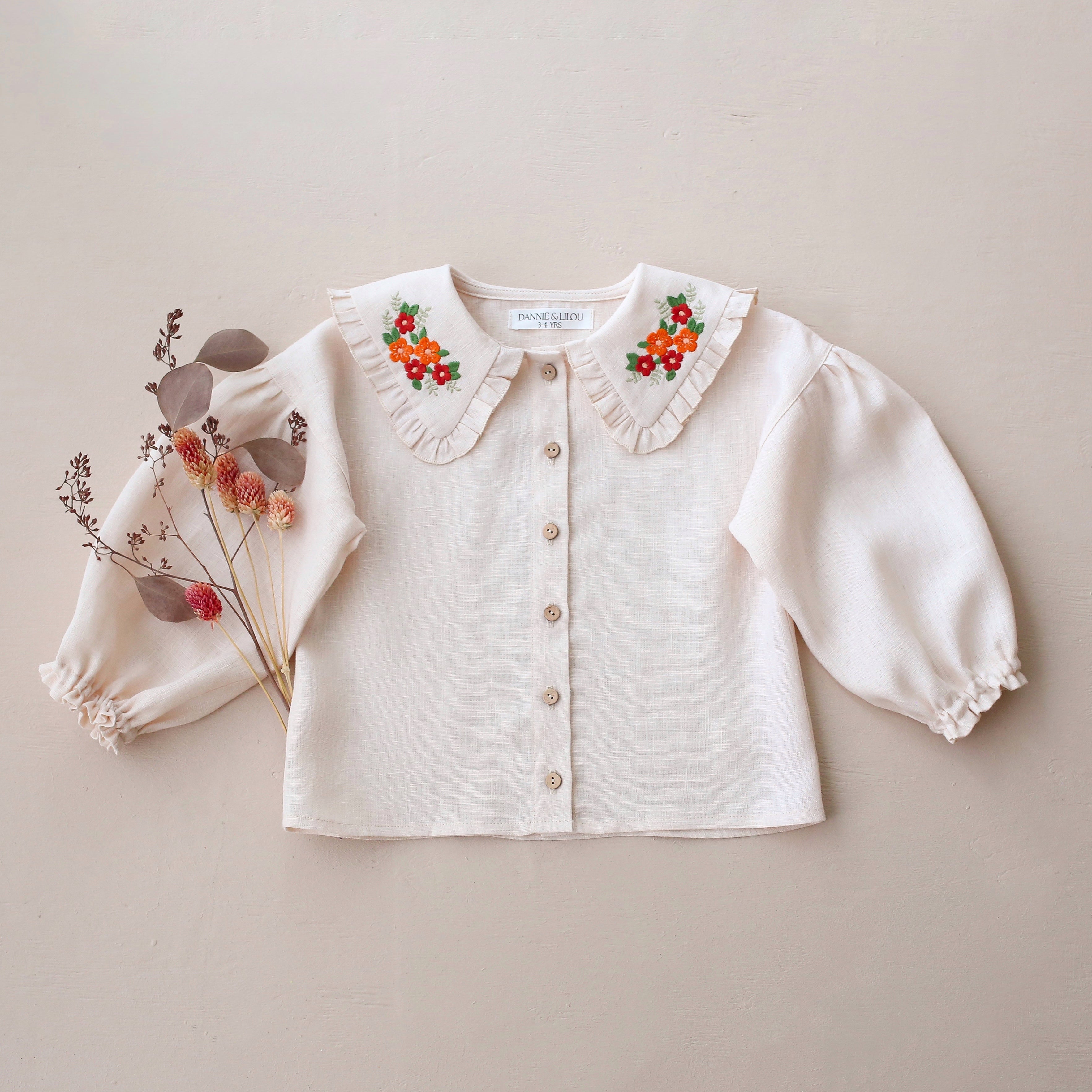 Ivory Linen Frilled Collar Bubble Sleeve Blouse with "Tiny Blossom" Embroidery