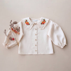 Ivory Linen Frilled Collar Bubble Sleeve Blouse with "Tiny Blossom" Embroidery