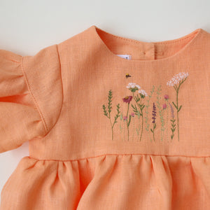 Peach Linen Flounce Sleeve Bubble Playsuit with “Meadow Flowers with Bee” Embroidery