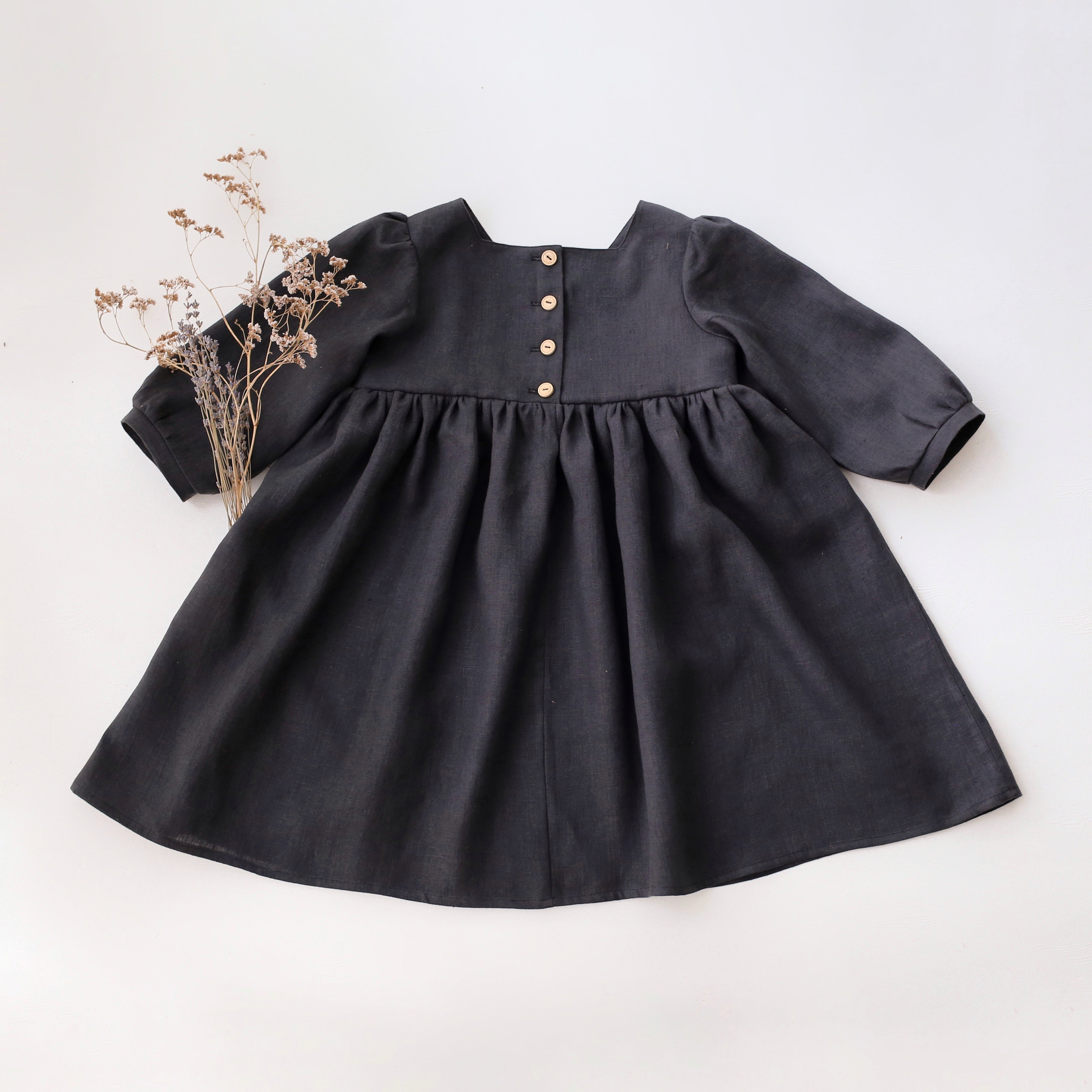 Black Linen 3/4 Length Sleeve Square Neckline Dress with "Halloween Owl” Embroidery