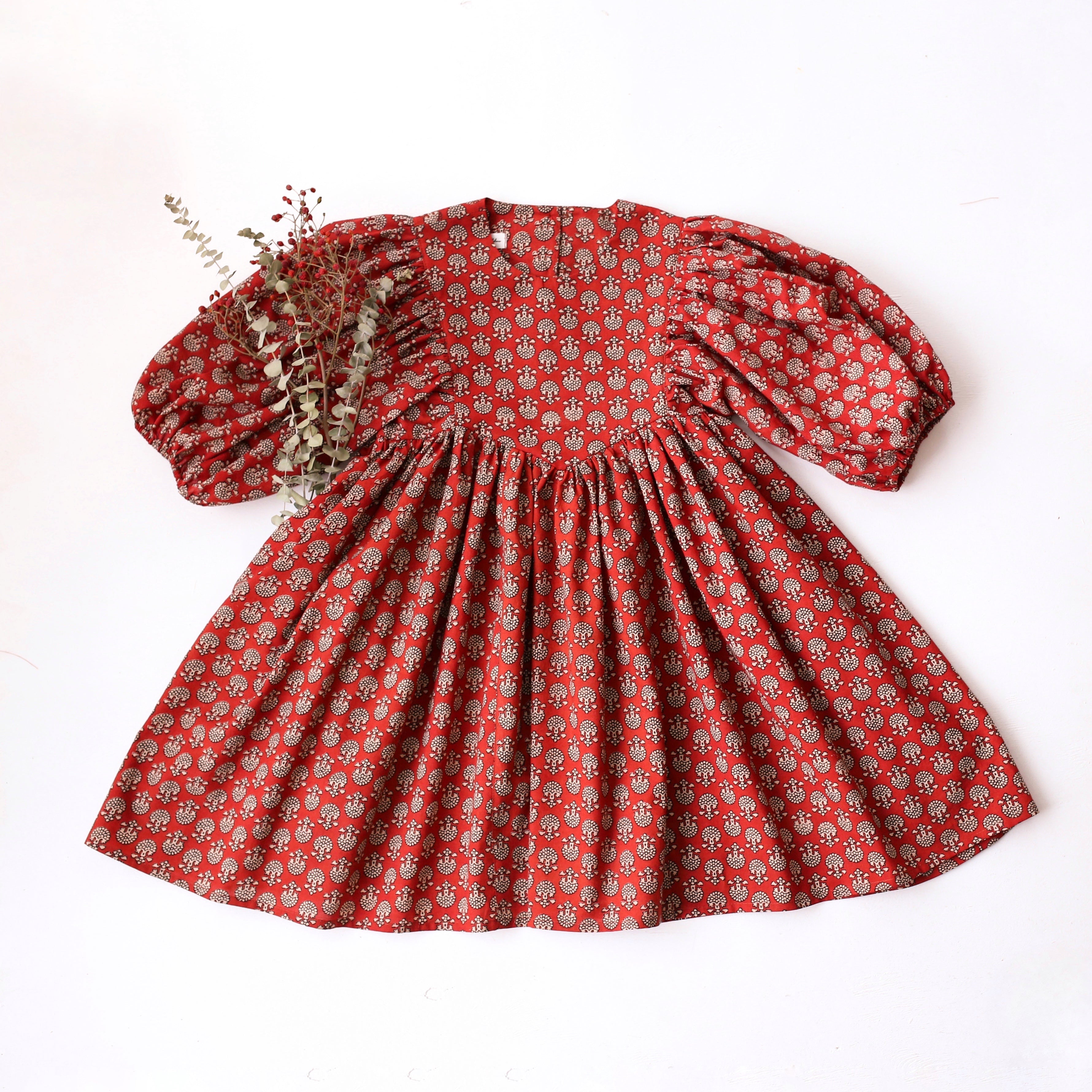 Festive Florals Cotton Puff Sleeve V-Bodice Dress