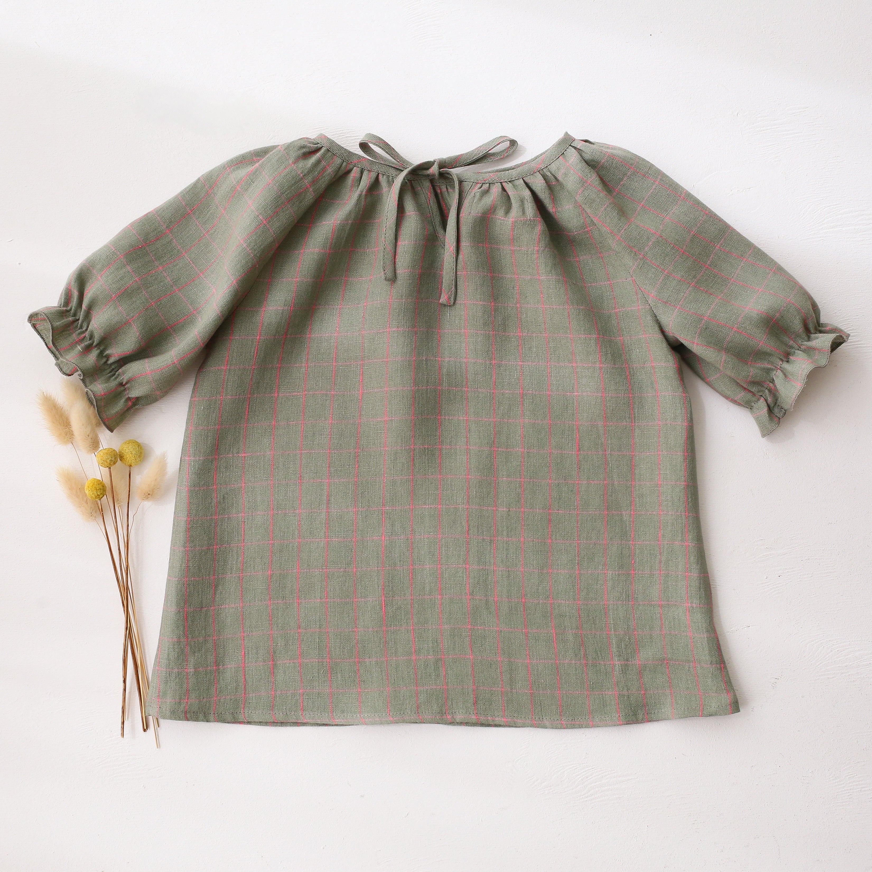 Mint & Pink Gingham Linen Tie Back Short Sleeve Tie Back Blouse