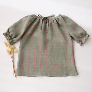Mint & Pink Gingham Linen Tie Back Short Sleeve Tie Back Blouse