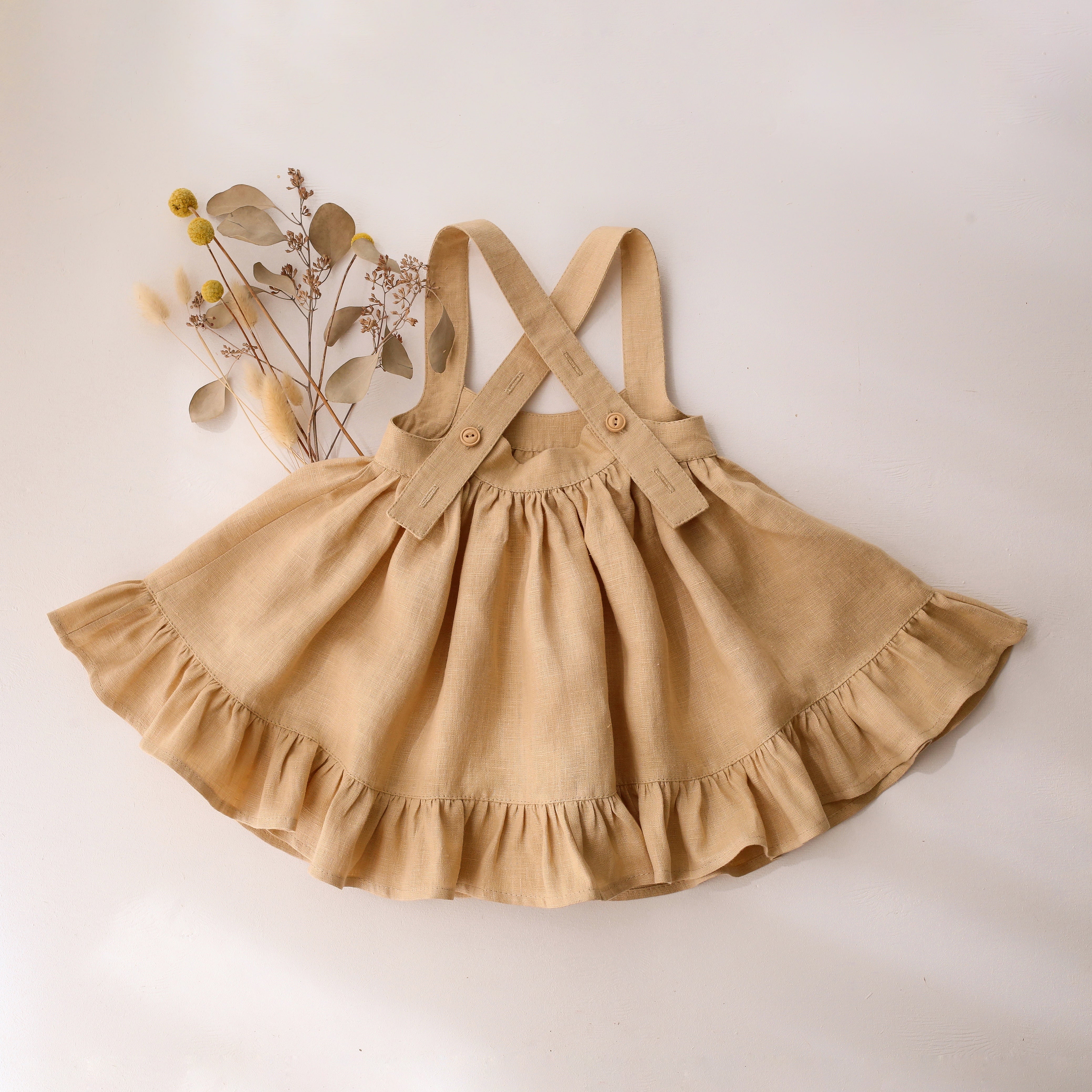 Melon Linen Straps Pinafore with Lace with “Bouquet #1” Embroidery