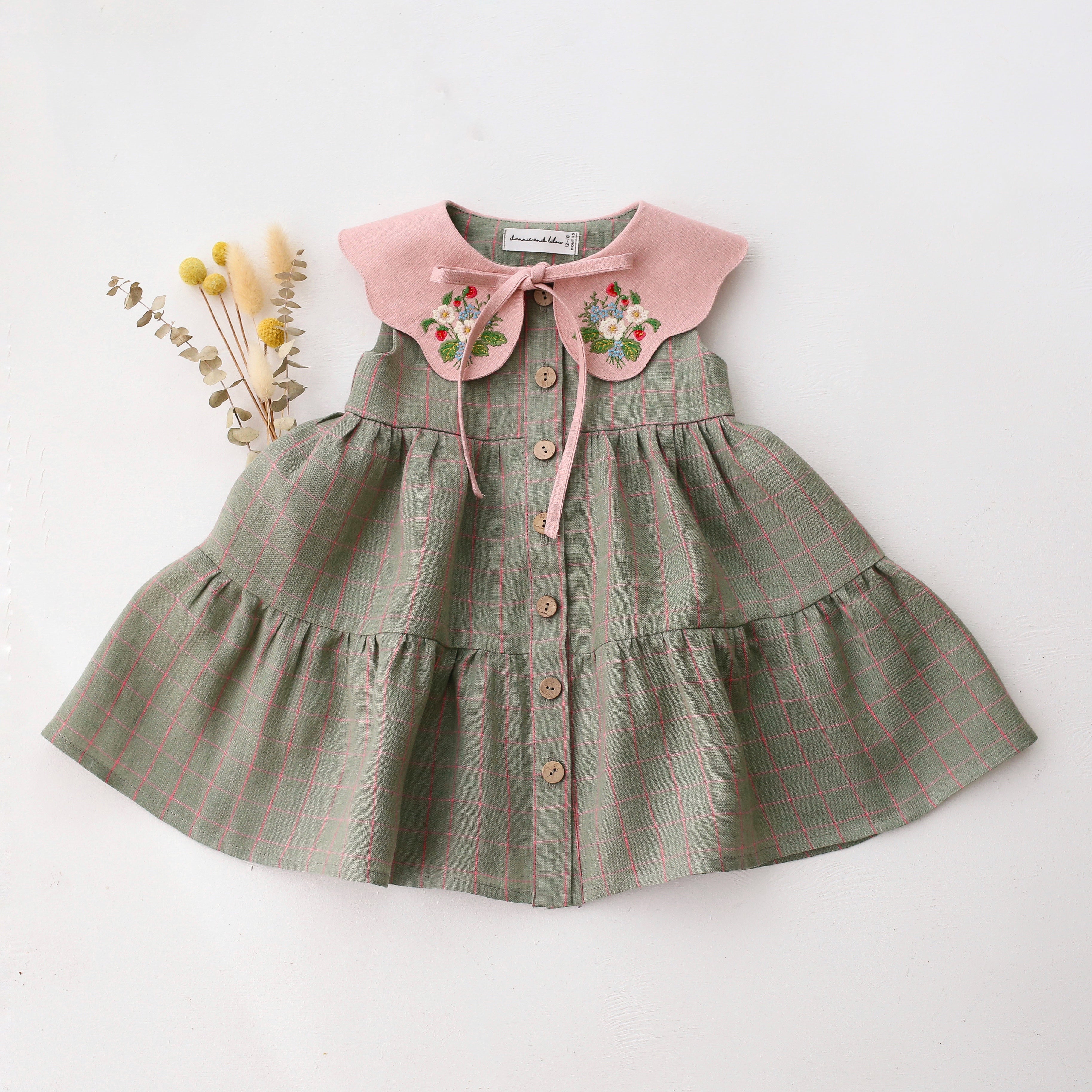 Mint & Pink Check Linen Tiered Dress with Petal Collar in Powder Linen with "Strawberry Bouquet" Embroidery