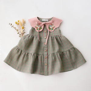 Mint & Pink Check Linen Tiered Dress with Petal Collar in Powder Linen with "Strawberry Bouquet" Embroidery
