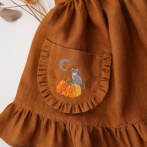 Burnt Orange Linen Straps Pinafore with Frills with “Cat & Pumpkin” Embroidery