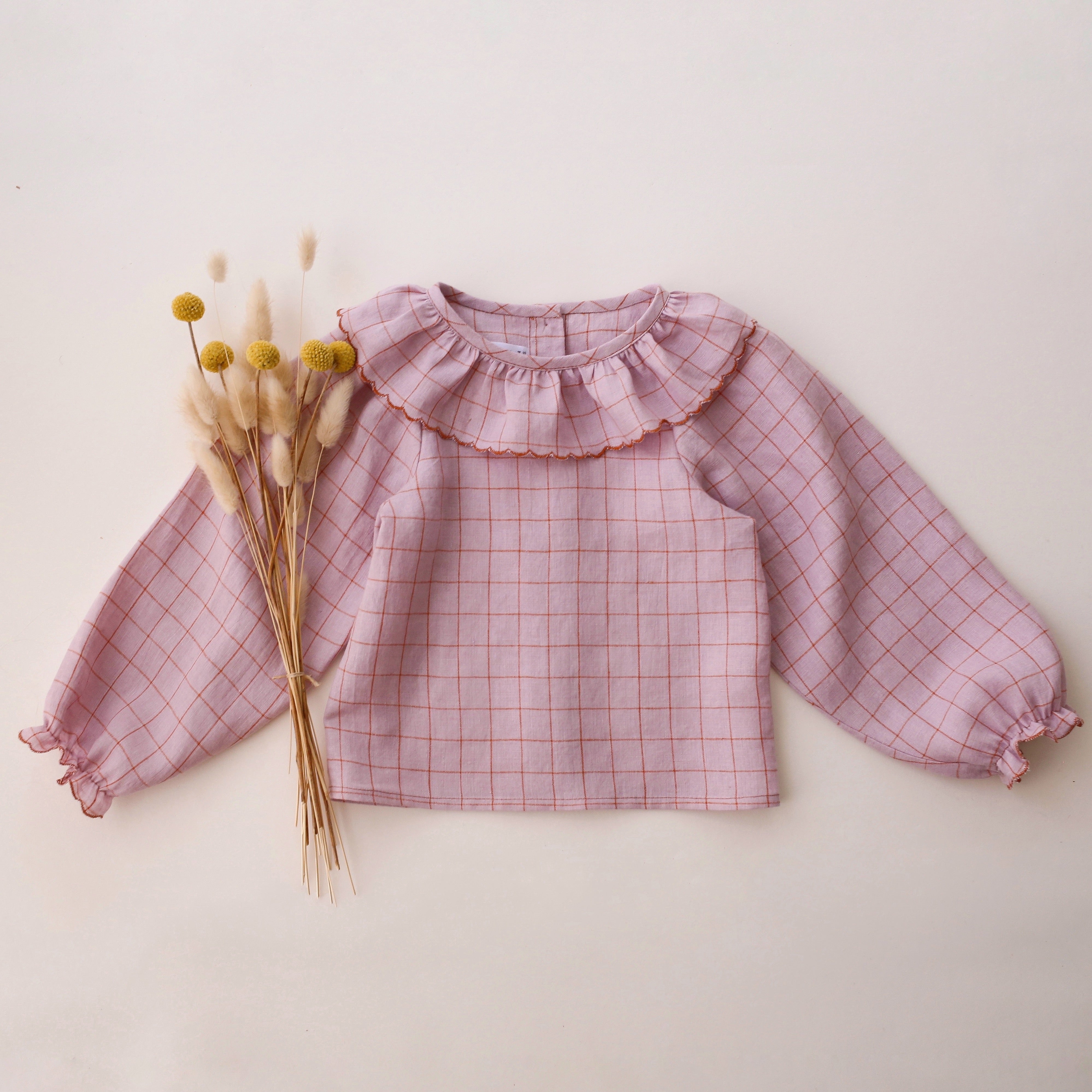 Powder Check Linen Bubble Sleeve Ruffle Collar Blouse