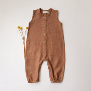 Cocoa Brown Linen Tank Buttoned Jumpsuit with Pockets