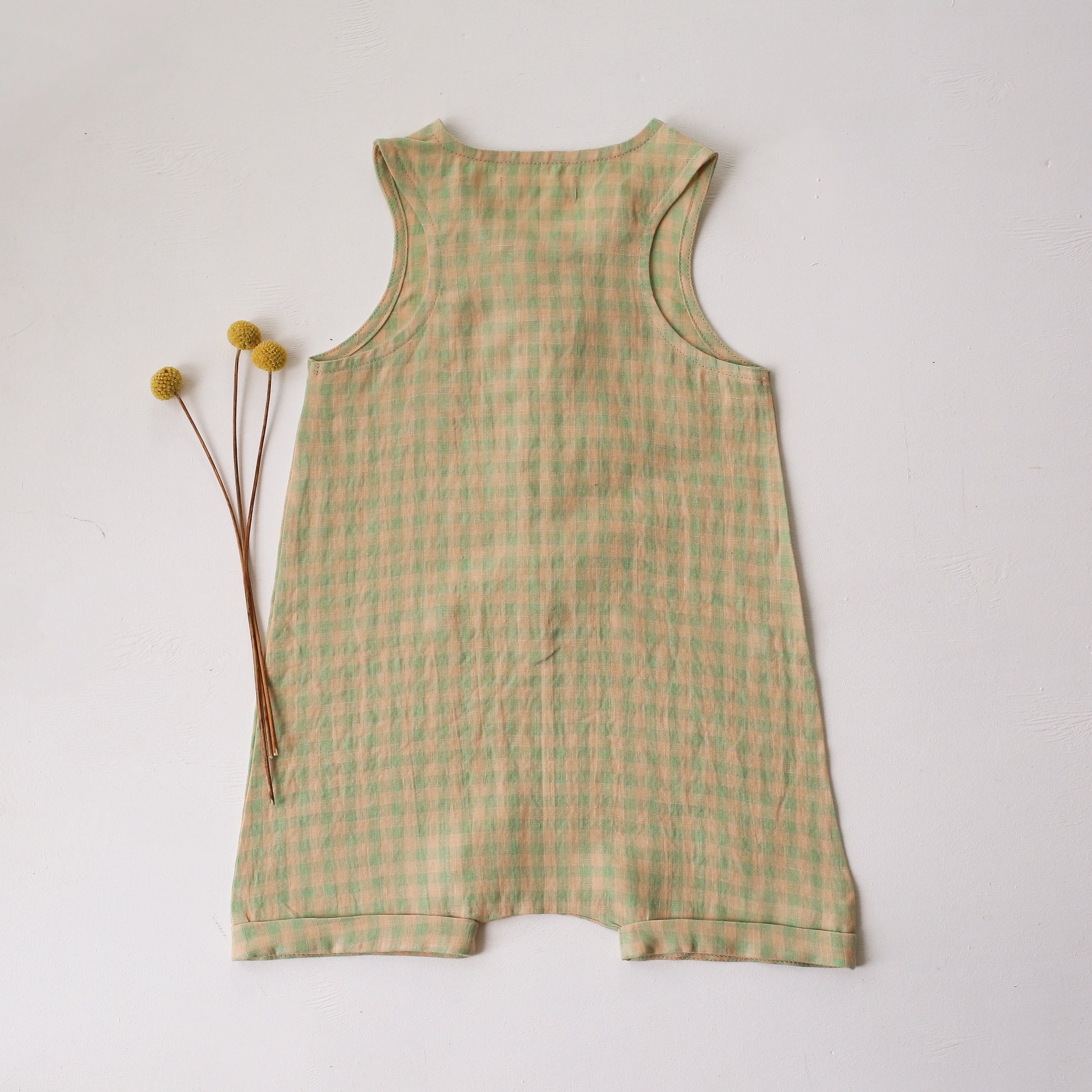 Green Gingham Linen Short Legs Tank Jumpsuit | “Lemon” Embroidery