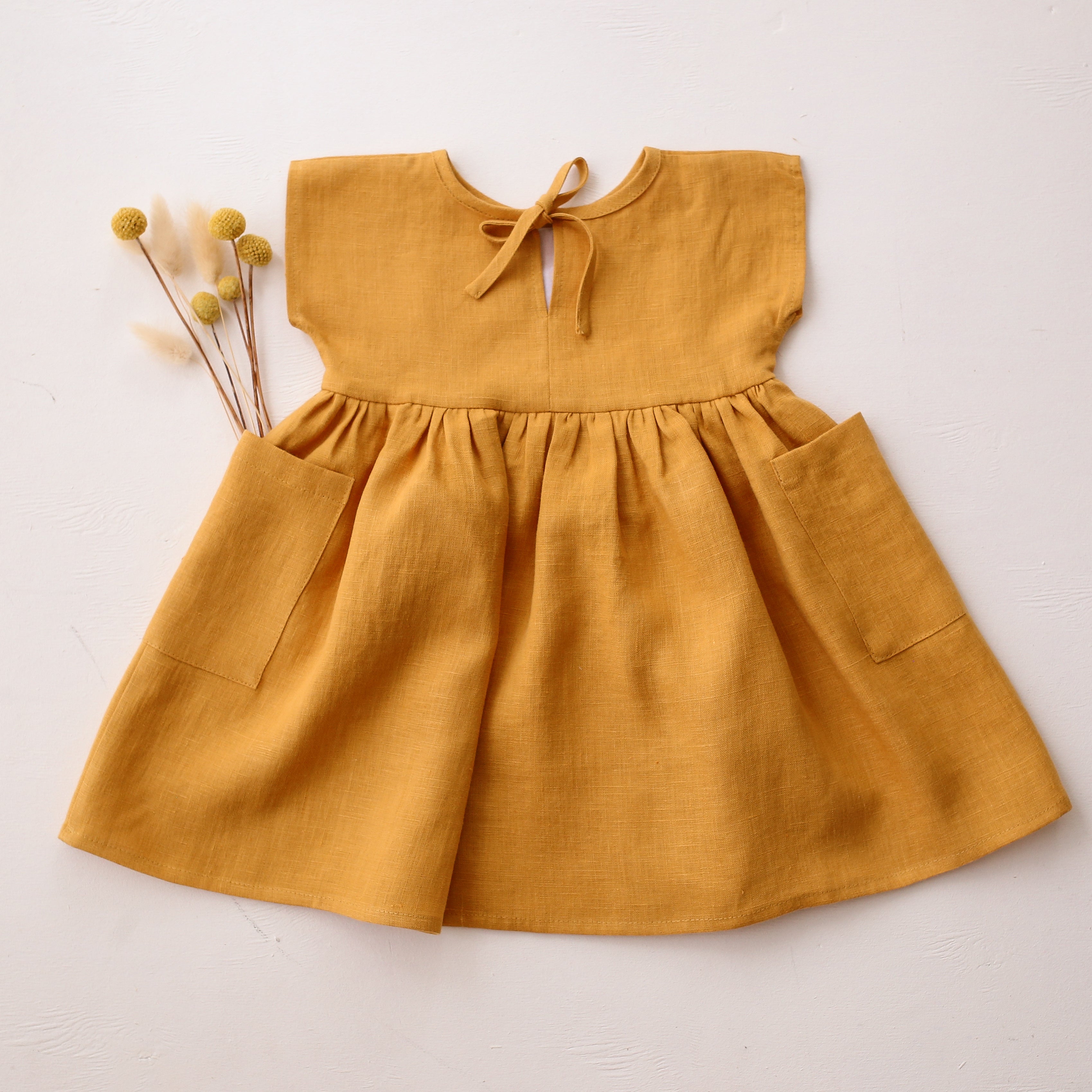 Amber Linen Dolman Style Dress with “Dandelion & Squirrel” Embroidery