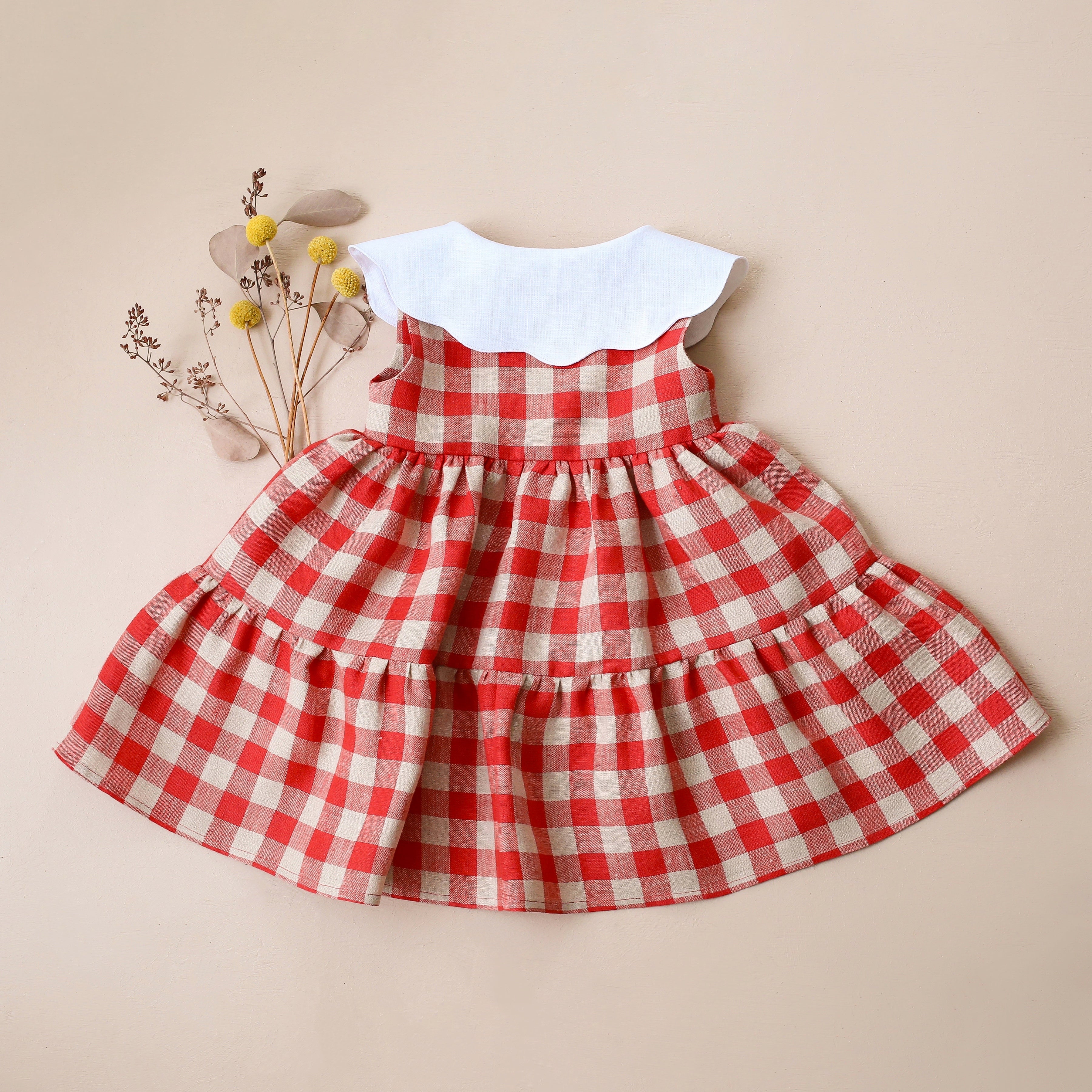 Cherry Check Linen Tiered Dress with Petal Collar in White Linen with "Strawberry Bouquet" Embroidery