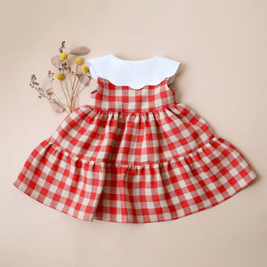 Cherry Check Linen Tiered Dress with Petal Collar in White Linen with "Strawberry Bouquet" Embroidery