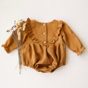 Mustard Linen Long Sleeve Ruffled Bodice Bubble Playsuit with “Floral Pumpkin” Embroidery