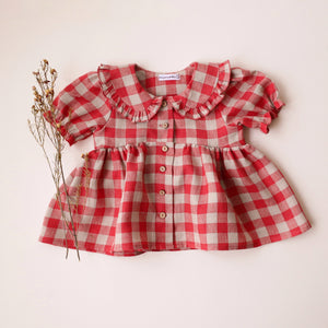 Cherry Check Linen Short Sleeve Frilled Collar Blouse with Curved Bodice