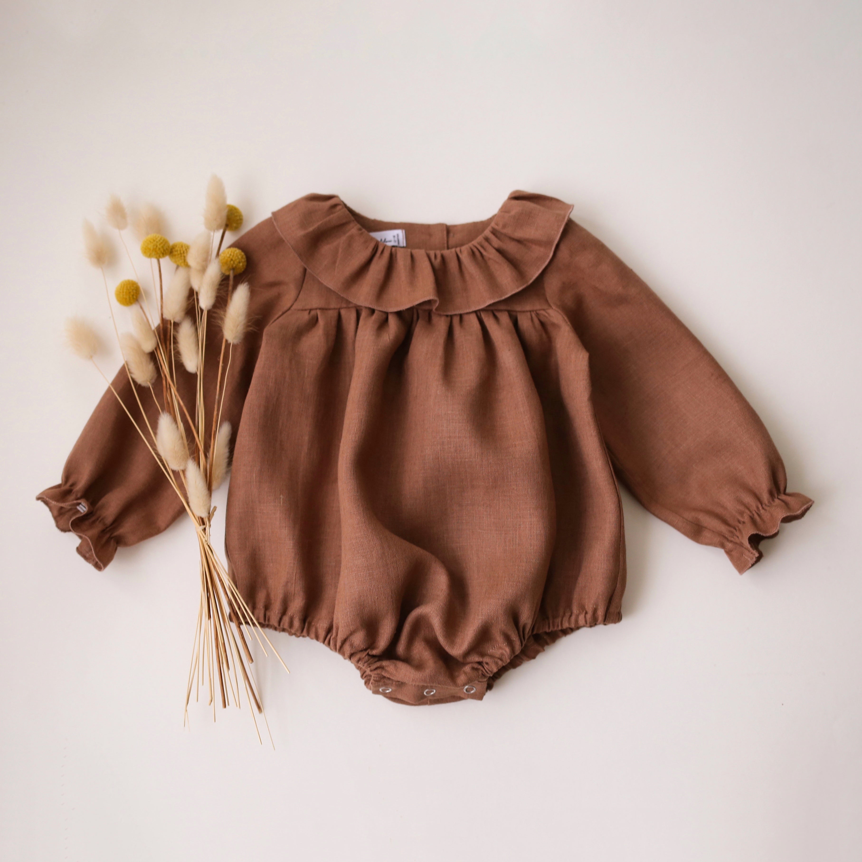 Cocoa Brown Linen Long Sleeve Ruffle Collar Babydoll Bodice Bubble Playsuit