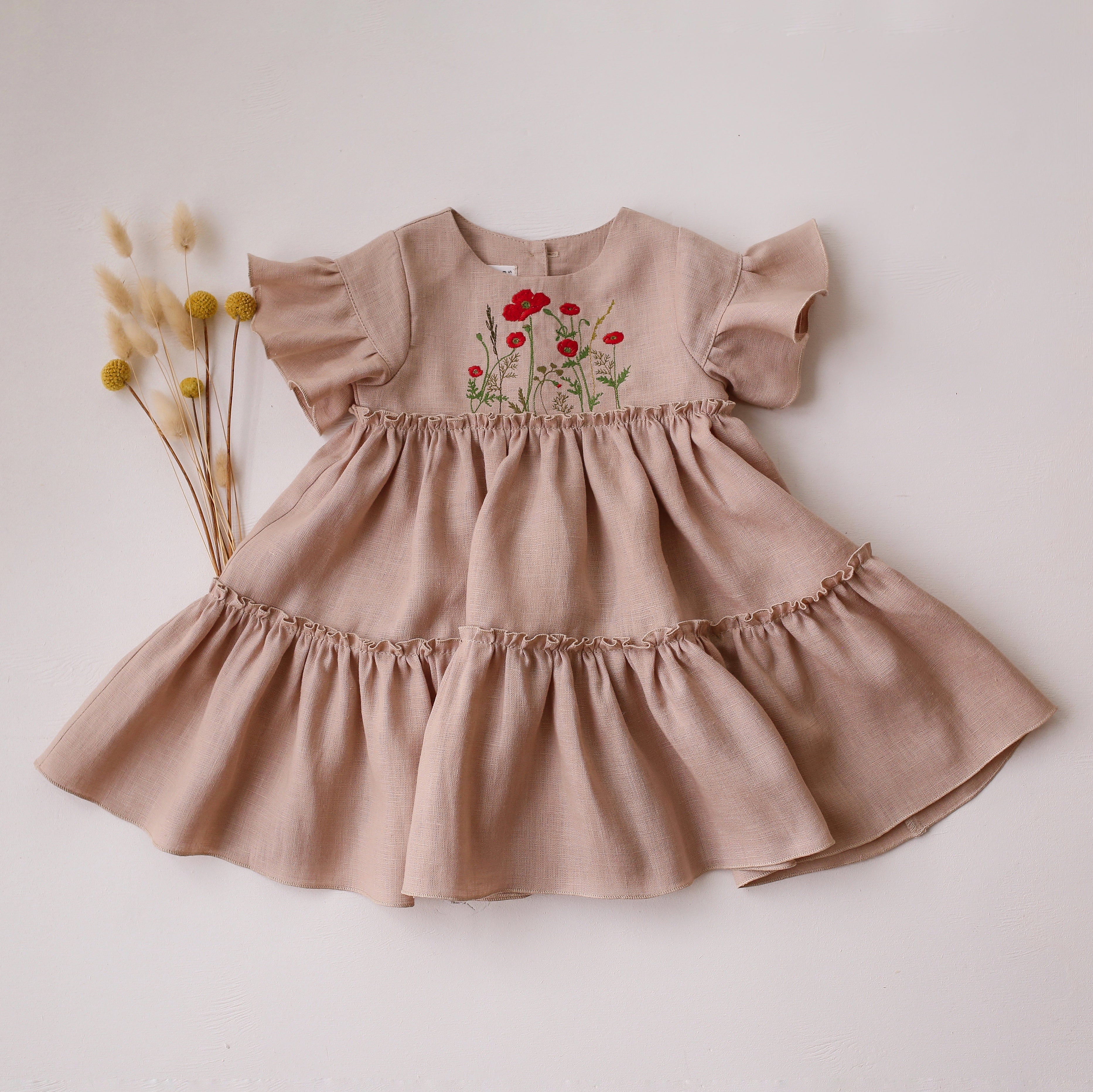 Beige Linen Flounce Sleeve Tiered Dress with "Poppy Meadow" Embroidery