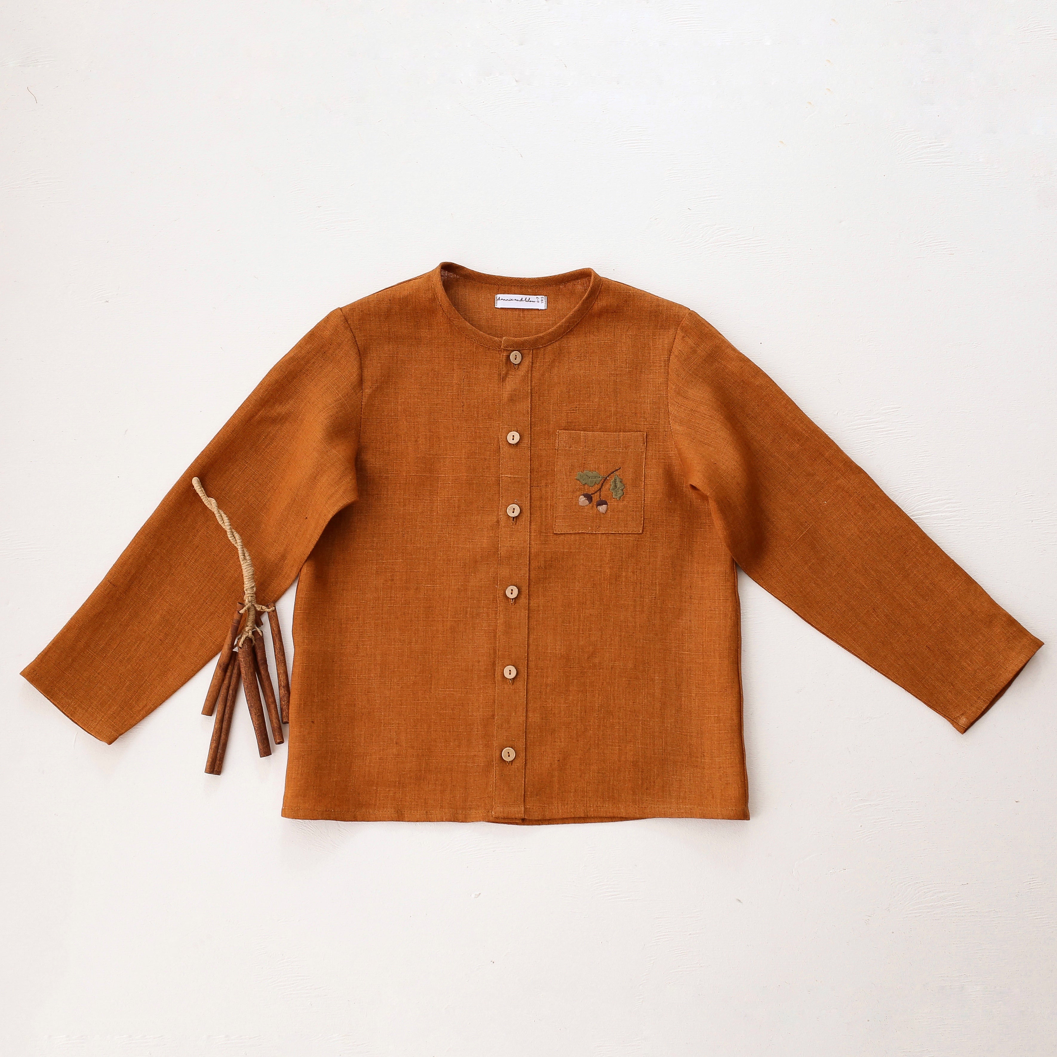 Burnt Orange Linen Long Sleeve Button Front Top with Pocket with "Mini Acorns" Embroidery