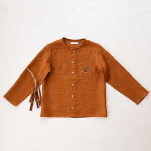 Burnt Orange Linen Long Sleeve Button Front Top with Pocket with "Mini Acorns" Embroidery