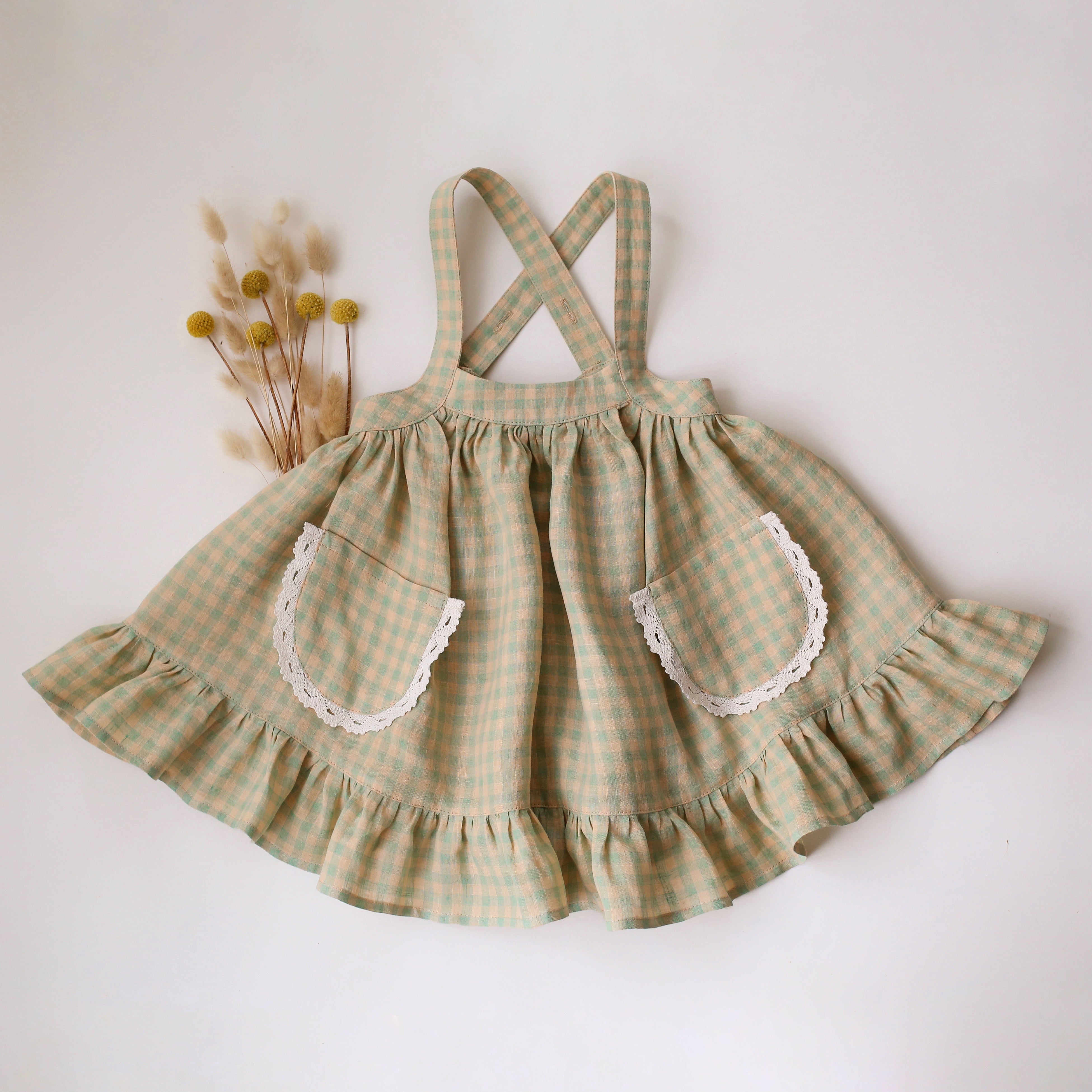 Green Gingham Linen Straps Pinafore with Lace