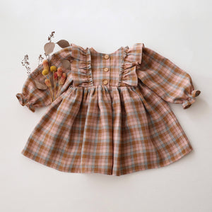 Hazel Rose Check Linen Long Sleeve Dress with Wide Bodice Ruffle