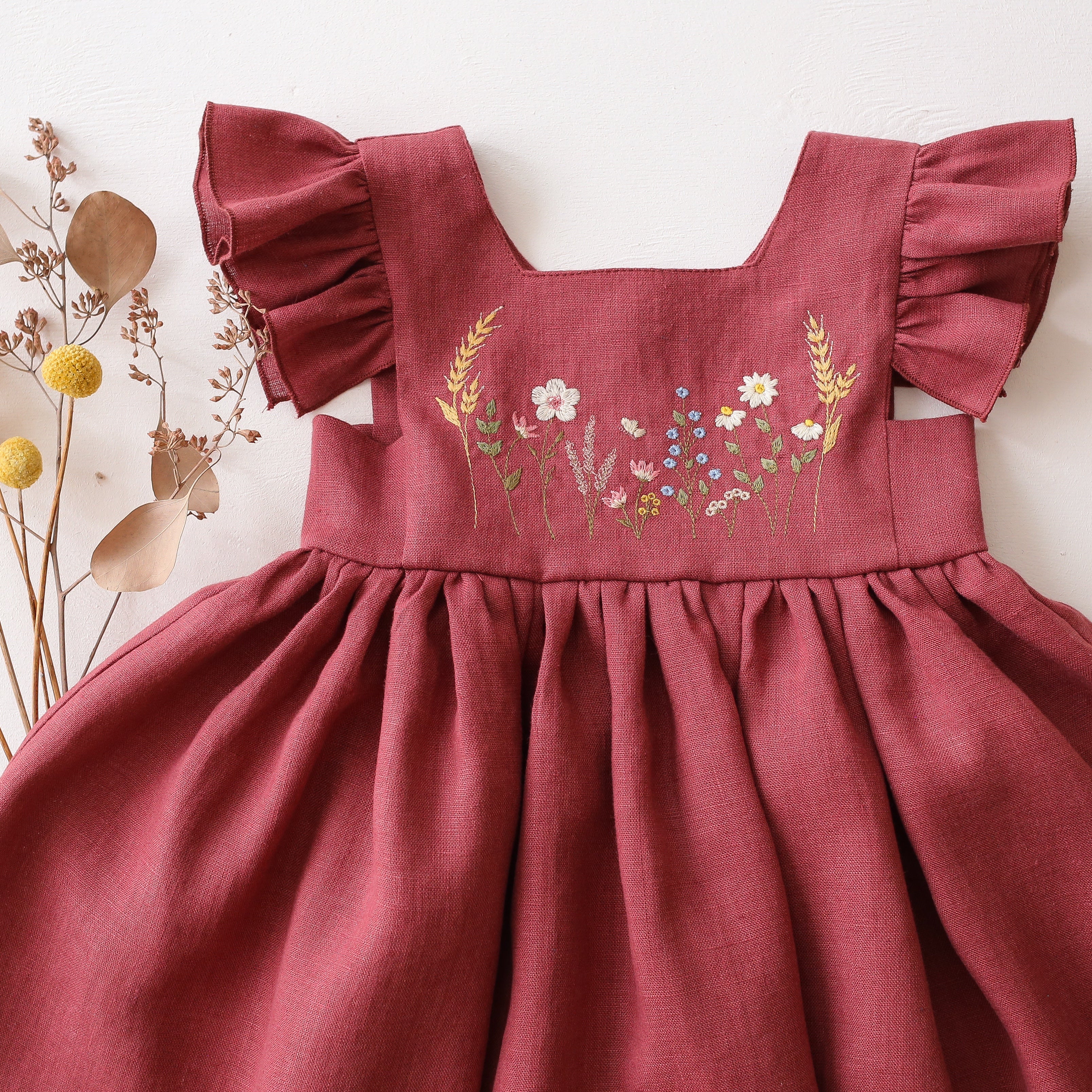 Rosewood Linen Flutter Sleeve Square Neckline Dress with "Wheat Flower Field" Embroidery