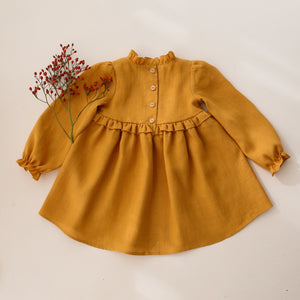 Amber Linen Long Sleeve Circle Skirt Frills Dress with "Squirrel on Berry Branch" Embroidery