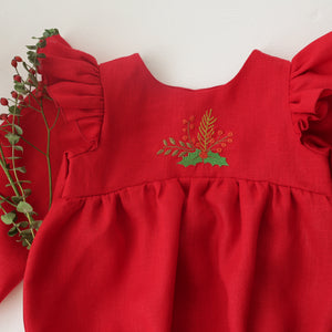 Scarlet Red Linen Full Length Flutter Sleeve Bubble Playsuit with "Christmas Holly Bouquet" Embroidery